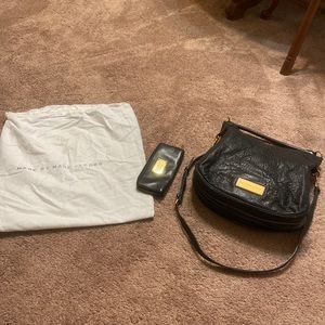 Marc Jacobs Black Crossbody bag with silver and gold zippers with matching walle